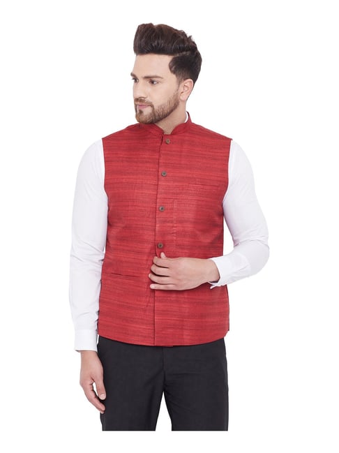 VASTRAMAY Red Regular Fit Self Pattern Nehru Jacket-picture-19