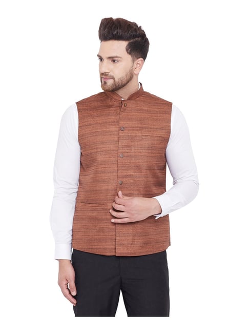 VASTRAMAY Brown Regular Fit Self Pattern Nehru Jacket-picture-29