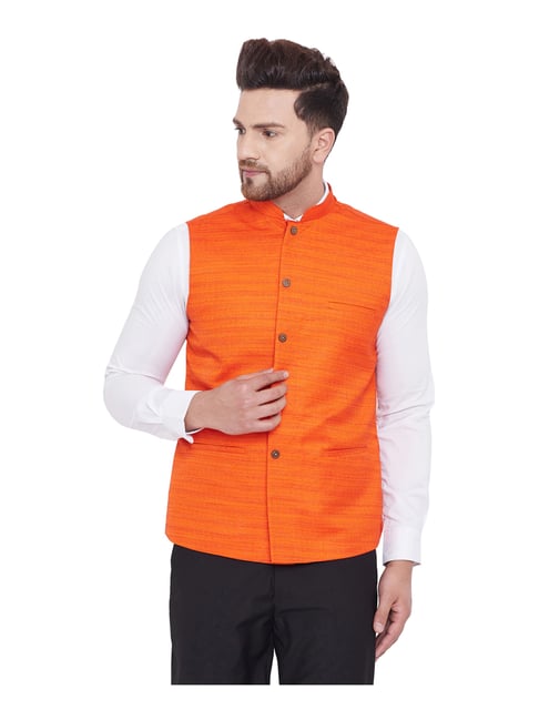VASTRAMAY Orange Regular Fit Self Pattern Nehru Jacket-picture-13