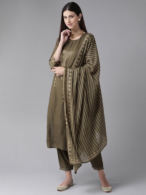 Indo Era Green Printed Kurta With Pant & Dupatta Price in India