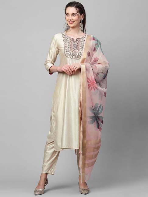 Indo Era Beige Embroidered Kurta With Pant & Dupatta Price in India