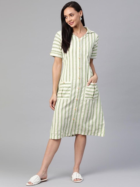 Cottinfab Off White & Green Striped Dress Price in India