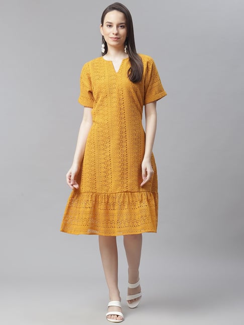 Cottinfab Mustard Lace Dress Price in India