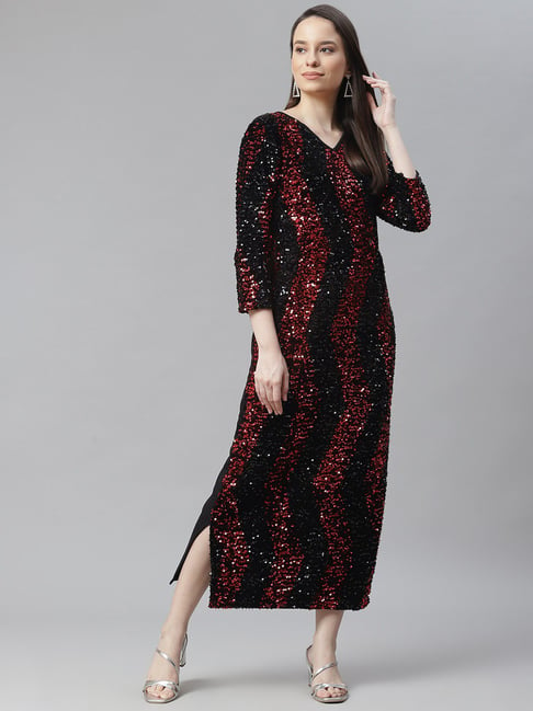 Cottinfab Black & Red Embellished Print Dress Price in India
