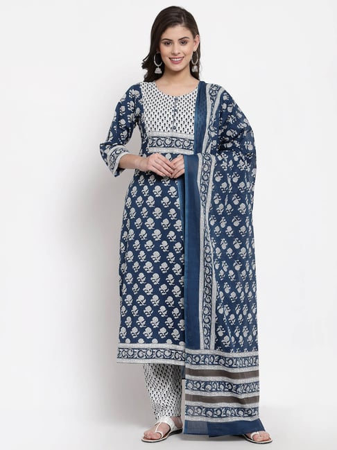 Yuris Teal Blue & White Printed Kurta With Trousers & Dupatta Price in India