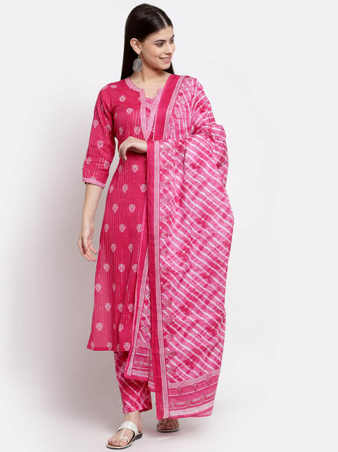 Yuris Pink & Off White Printed Kurta with Trousers & Dupatta Price in India