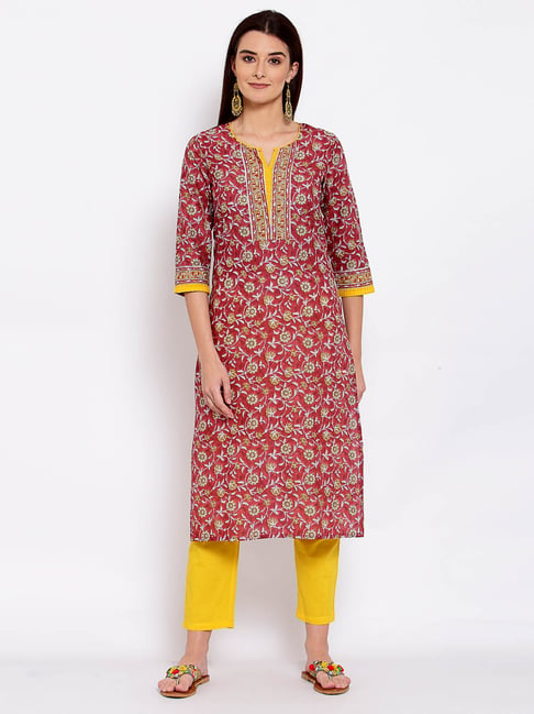 Yuris Coral & Yellow Printed Straight Kurta Price in India