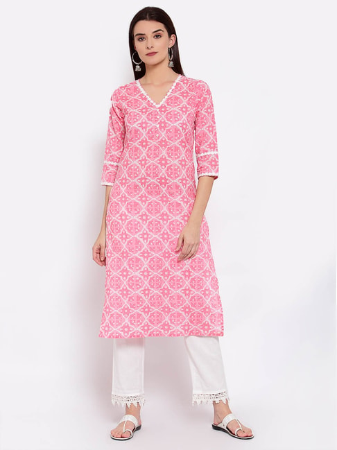 Yuris Pink & Off White Printed straight Kurta Price in India