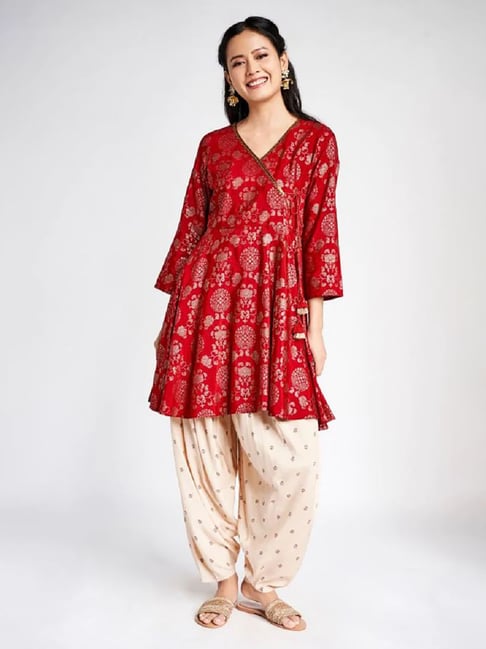 Global Desi Maroon Floral Print Tunic With Dhoti