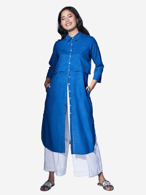 Global Desi Blue Self Design Kurta