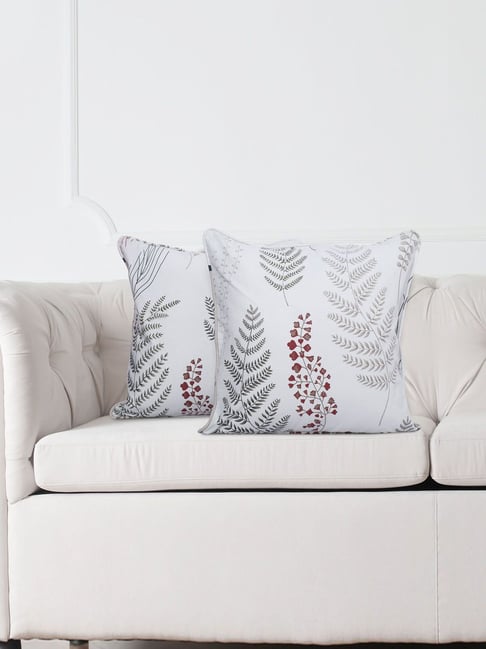 SWAYAM Set of 2 Printed 160 TC Pure Cotton White,Grey Floral Cushion Cover
