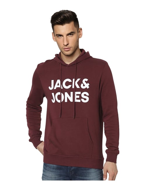 Jack & Jones Maroon Printed Hooded Sweatshirt