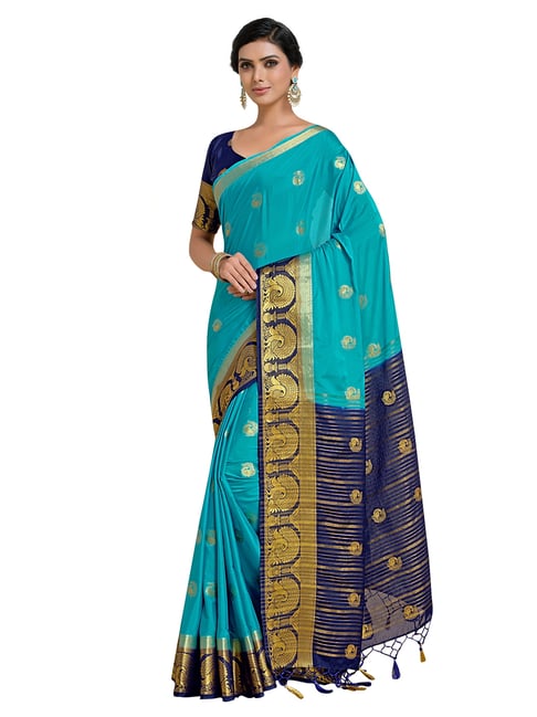 Mimosa Turquoise Blue Paisley Saree with Unstitched Blouse Price in India
