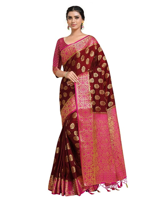 Mimosa Maroon Floral Saree with Unstitched Blouse Price in India