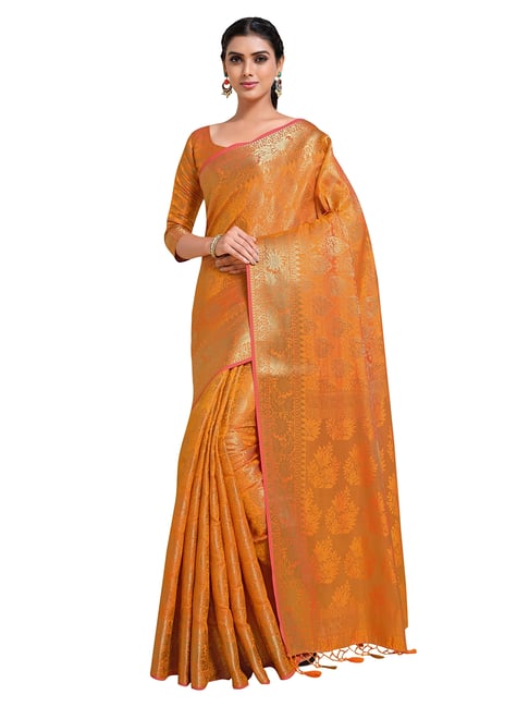 Mimosa Orange Floral Saree with Unstitched Blouse Price in India