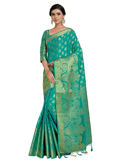 Mimosa Turquoise Blue Floral Saree with Unstitched Blouse Price in India