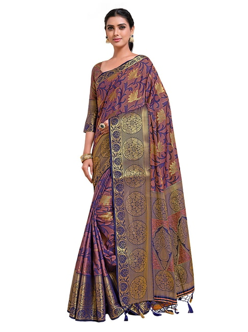 Mimosa Navy Blue Floral Saree with Unstitched Blouse Price in India