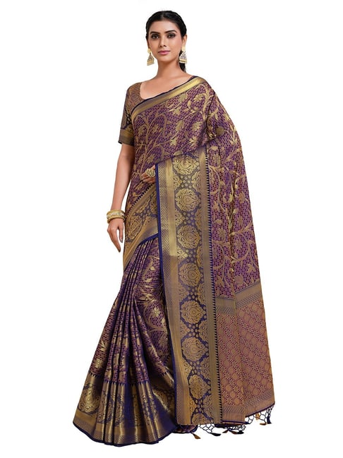 Mimosa Navy Blue Floral Saree with Unstitched Blouse Price in India