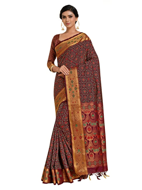 Mimosa Brown Printed Saree with Unstitched Blouse Price in India