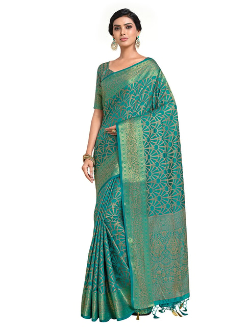 Mimosa Turquoise Blue Floral Saree with Unstitched Blouse Price in India