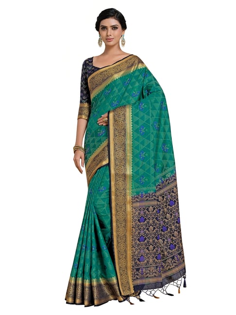 Mimosa Turquoise Blue Floral Saree with Unstitched Blouse Price in India