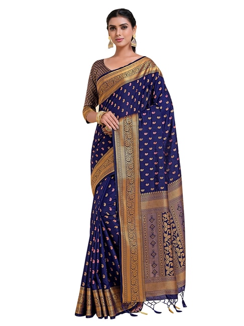 Mimosa Navy Blue Paisley Saree with Unstitched Blouse Price in India