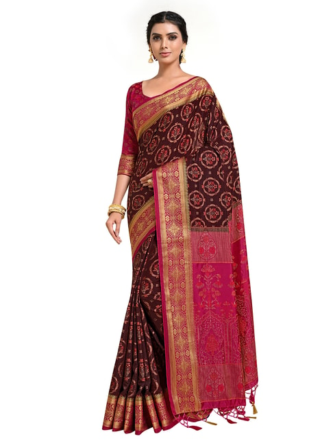 Mimosa Brown Floral Saree with Unstitched Blouse Price in India