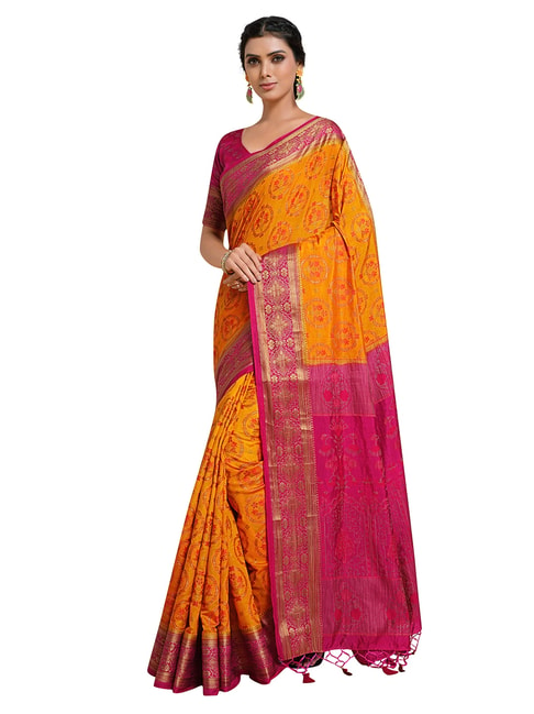 Mimosa Mustard Floral Saree with Unstitched Blouse Price in India