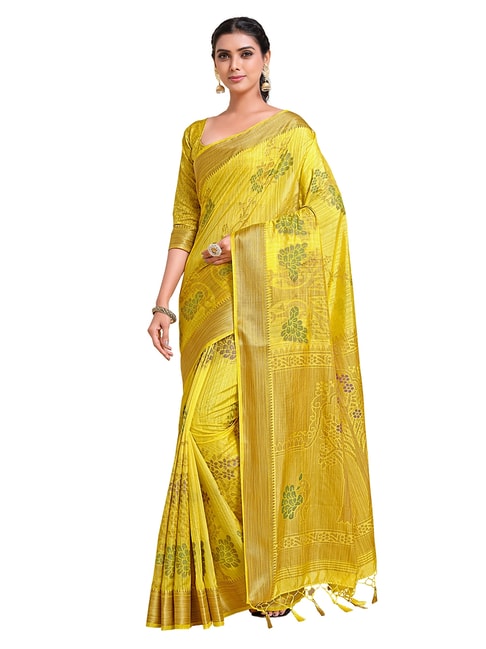 Mimosa Yellow Floral Saree with Unstitched Blouse Price in India