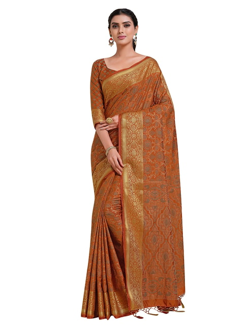 Mimosa Rust Floral Saree with Unstitched Blouse Price in India