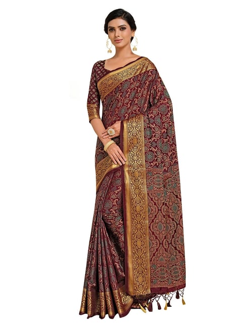 Mimosa Brown Floral Saree with Unstitched Blouse Price in India