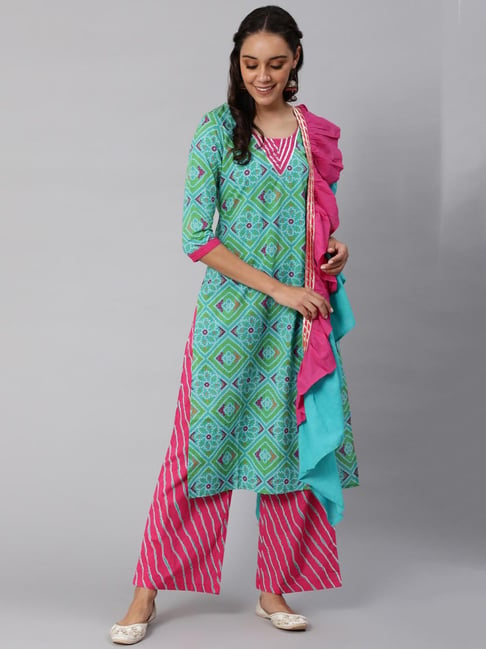 Aks Blue & Pink Printed Kurta With Palazzo & Dupatta