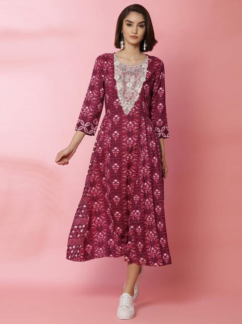 Buy BIBA Olive Printed Rayon Round Neck Women's Ethnic Dress