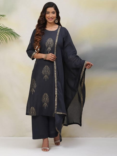 Biba Navy Cotton Printed Kurta Palazzo Set With Dupatta