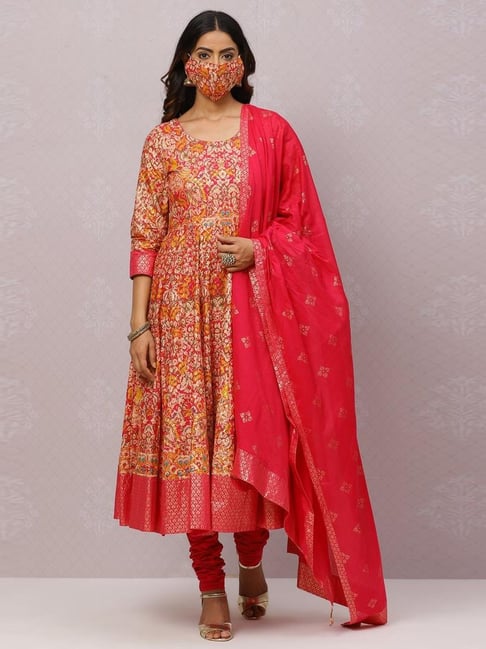 Biba Pink & Yellow Cotton Printed Kurta Churidar Set With Dupatta