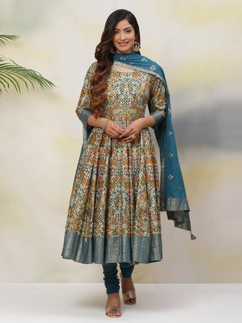 Biba Blue & Yellow Cotton Printed Kurta Churidar Set With Dupatta