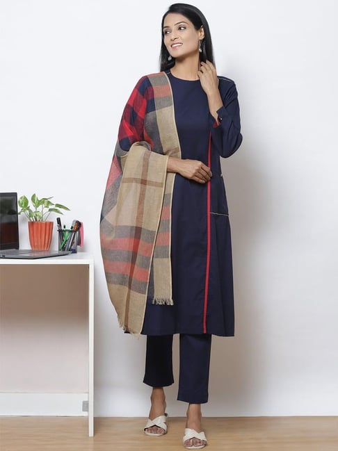 Biba Navy Cotton Kurta Pant Set With Dupatta Price in India