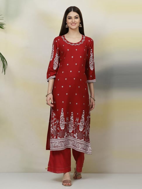 Biba Red Printed Straight Kurta Price in India