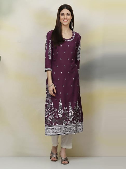 Biba Purple Printed Straight Kurta