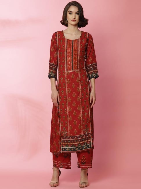 Biba Red Printed Straight Kurta With Mask