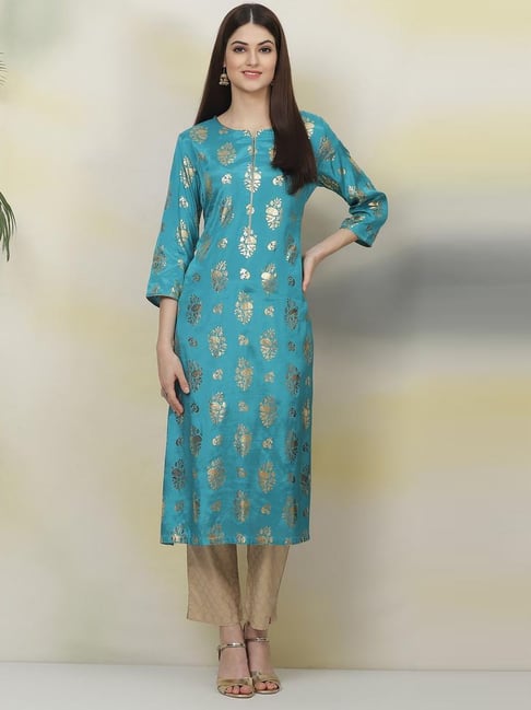 biba turquoise printed straight kurta