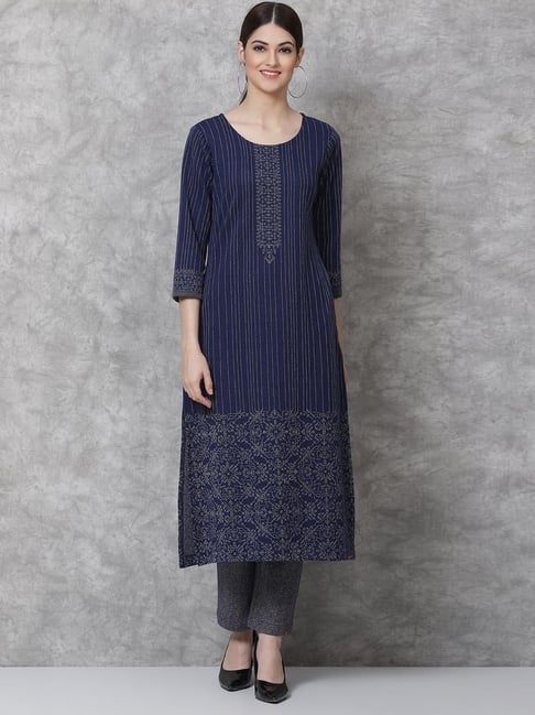 Biba Blue Printed Straight Kurta