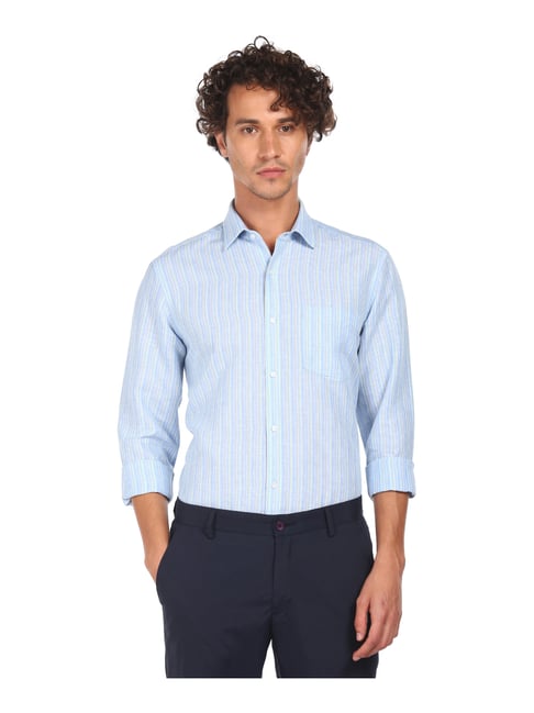 Arrow Sky Blue Cotton Regular Fit Striped Shirt