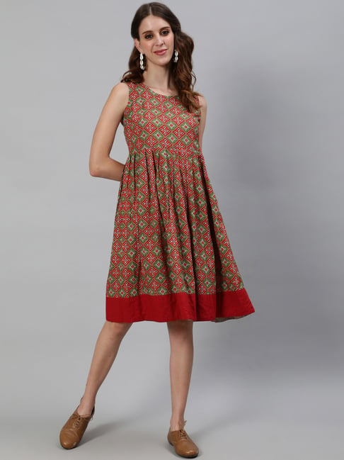 Aks Red & Green Printed Skater Dress Price in India