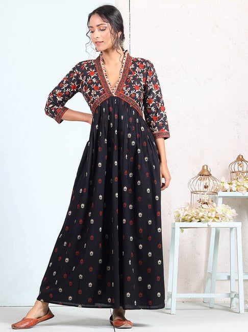 Rustorange Black Bloom Gathered Dress Price in India