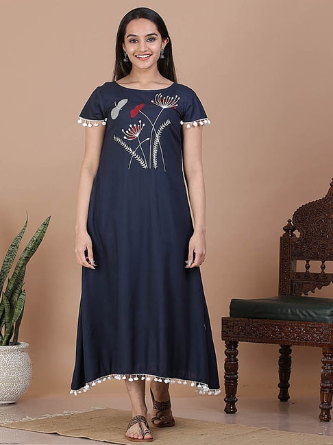 Rustorange Indigo Embroidered Midi Dress Price in India