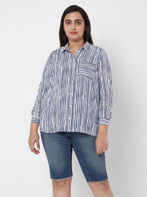 Vero Moda Curve White & Blue Striped Shirt Price in India