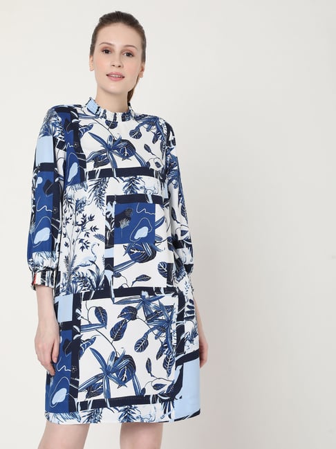 Vero Moda White & Blue Printed Dress