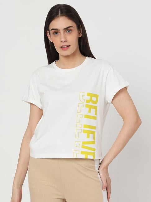 Vero Moda White & Yellow Graphic Print Top Price in India