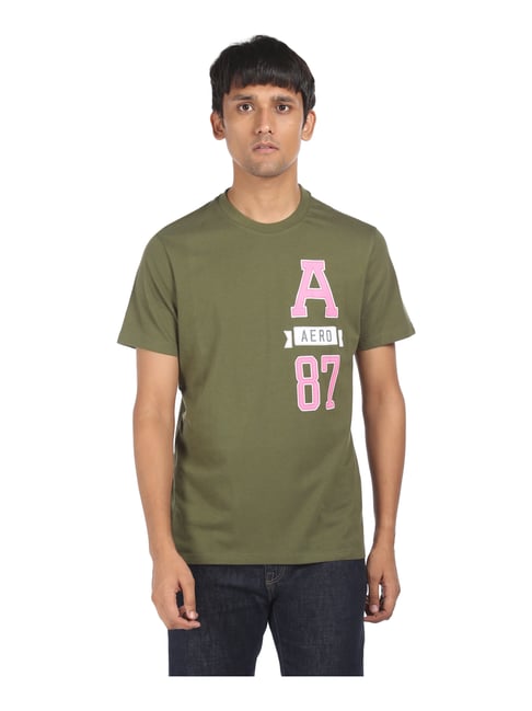 Aeropostale Olive Green Cotton Regular Fit Printed T-Shirt - Flexi Collection